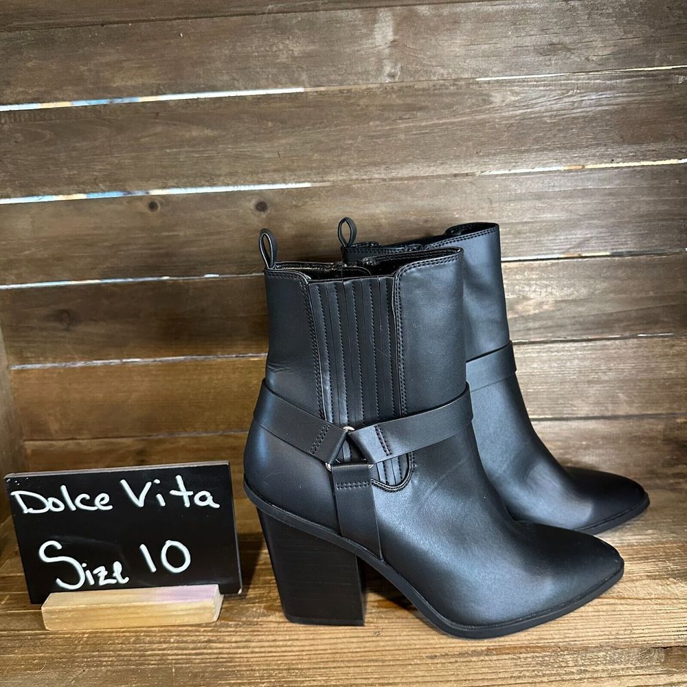 New‎ Womens Dolce Vita Nilano Black Faux Leather Harness Mid Boots Size 10
